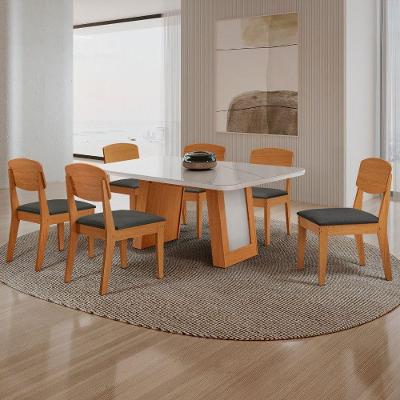 Conjunto de Jantar Carolina 6 Lugares Tampo MDF com Vidro Cadeiras Copper Off White Moderna