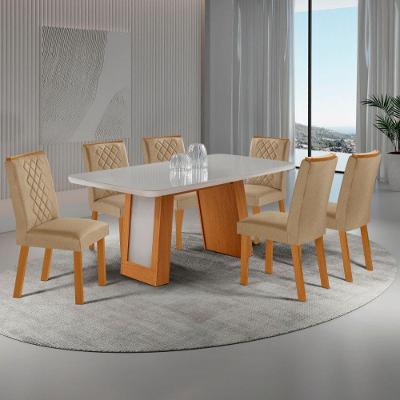 Conjunto de Jantar Carolina 6 Lugares Tampo MDF Vidro Canto Copo Off White 180CM Moderna