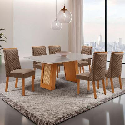 Conjunto de Jantar Carolina 6 Lugares Tampo MDF com Cadeiras Yasmin em Veludo Creme 180CM Moderna