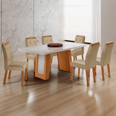 Conjunto de Jantar Carolina 6 Lugares Tampo MDF com Vidro Cadeiras Carol Off White Moderna