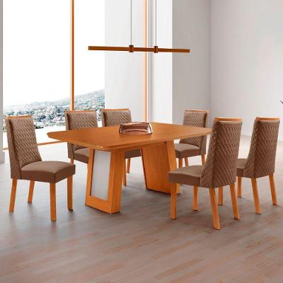 Conjunto de Jantar Carolina 6 Lugares Tampo MDF Canto Copo sem Vidro Veludo Capuccino Naturalle