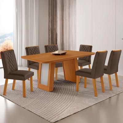 Conjunto de Jantar Carolina Laminado 6 Lugares Tampo MDF Base Off White Marrom Off Naturale 180CM