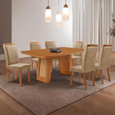 Conjunto de Jantar Carolina 6 Lugares Tampo MDF com Cadeiras Lorena Estofadas Naturale Moderna