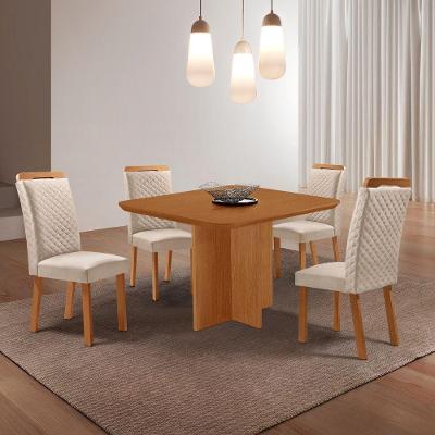 Conjunto de Jantar Olimpia 4 Lugares Tampo MDF Cadeiras Lorena Veludo Creme 90CM Moderna