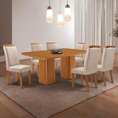 Conjunto de Jantar Eloise 6 Lugares Tampo MDF Cadeiras Lorena Veludo Creme 180CM Moderna