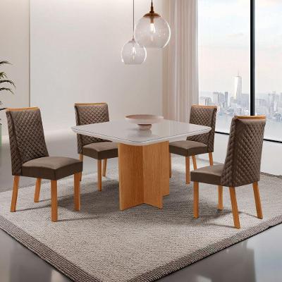 Conjunto de Jantar Olimpia 4 Lugares Tampo MDF com Vidro Serigrafado e Cadeiras Yasmin Veludo Marrom