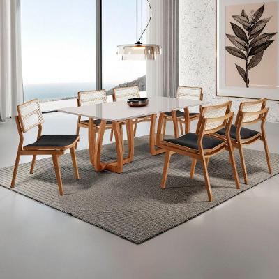 Conjunto de Jantar Flora 6 Lugares Tampo Vidro Cadeiras Eva Premium Linho Preto Imbuia 180CM Moderna
