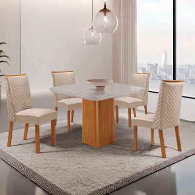 Conjunto de Jantar Eloise 4 Lugares Tampo MDF com Vidro Serigrafado Creme 90CM Moderna 90CM