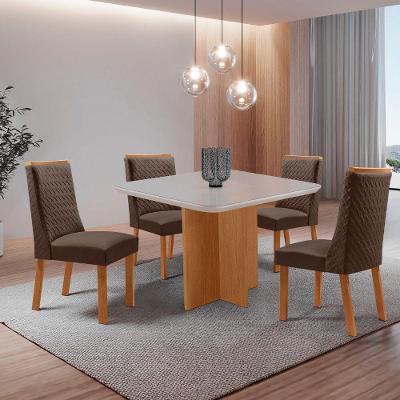 Conjunto de Jantar Olimpia 4 Lugares Tampo MDF com Vidro Serigrafado e Cadeiras Veludo Marrom 90CM