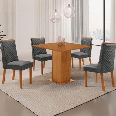 Conjunto de Jantar Loren 4 Lugares Tampo MDF Cadeiras Estofadas Linho Grafite e Off White Moderna