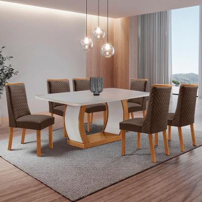 Conjunto de Jantar Milena 6 Lugares Tampo em Vidro Serigrafado Cadeiras Veludo Marrom 180CM Moderna