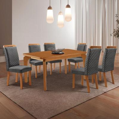 Conjunto de Jantar Liz 6 Lugares Tampo MDF Cadeiras Lorena Linho Grafite 180CM Moderna