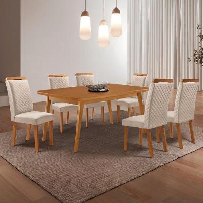 Conjunto de Jantar Copper 6 Lugares Tampo MDF Cadeiras Lorena Veludo Creme 180CM Moderna