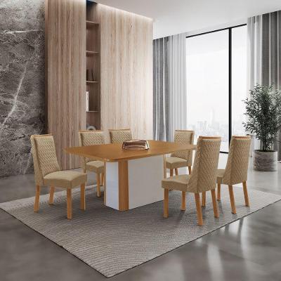 Conjunto de Jantar Isadora 6 Lugares Tampo MDF com Cadeiras Estofadas Amadeirado 180CM Moderna