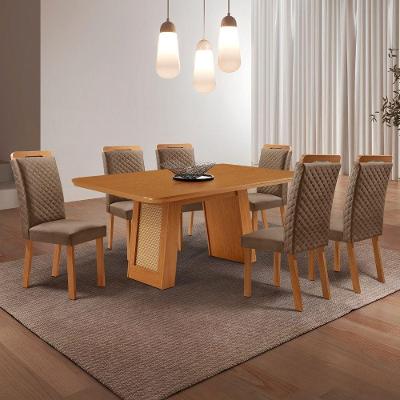 Conjunto de Jantar Carolina 6 Lugares Tampo MDF Base Telinha Bege 180CM Moderna