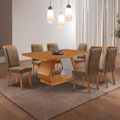 Conjunto de Jantar Alvorada 6 Lugares Tampo MDF Cadeiras Lorena Veludo Off White 180CM Moderna
