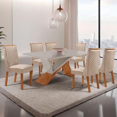 Conjunto de Jantar Yasmin 6 Lugares Tampo MDF com Vidro Serigrafado Cadeiras Veludo Creme 180CM