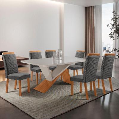 Conjunto de Jantar Yasmin 6 Lugares Tampo em Vidro com Cadeiras Linho Grafite 180CM Moderna