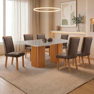 Mesa de Jantar Eloise com 6 Cadeiras Lira Tampo de Vidro Serigrafado Veludo Marrom Nat Off 180cm