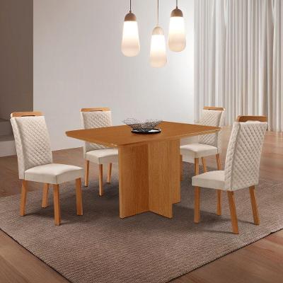 Conjunto de Jantar Olimpia 4 Lugares Tampo MDF Cadeiras Lorena Veludo Creme 120CM Moderna