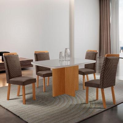 Conjunto de Jantar Olimpia 4 Lugares Tampo MDF com Cadeiras Aline Estofadas Veludo Marrom Moderna