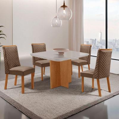 Conjunto de Jantar Olimpia 4 Lugares Tampo MDF com Vidro Serigrafado e Cadeiras Yasmin Veludo Off