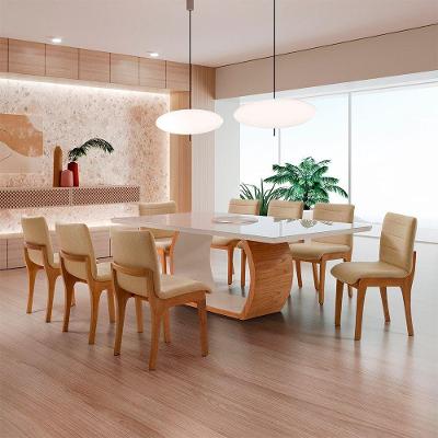 Conjunto Sala de Jantar Bella 8 Lugares Vidro Linho Palha Laq Off Cinam Imbuia 220CM Moderna