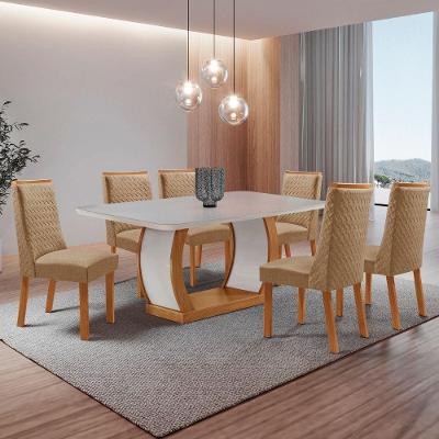 Conjunto de Jantar Milena 6 Lugares Tampo MDF Canto Copo Cadeiras Carolina Estofadas Off White