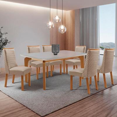 Conjunto de Jantar Liz 6 Lugares Tampo MDF com Vidro Serigrafado e Cadeiras Carolina Veludo Creme