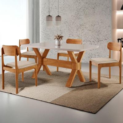 Conjunto de Jantar Star 4 Lugares Tampo Vidro Laqueado Linho Off White 120CM Mobilare