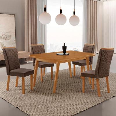 Conjunto Jantar Copper 4 Lugares Tampo MDF Canto Copo e Cadeiras Lisa Veludo Marrom 120CM Moderna