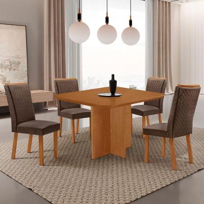 Conjunto de Jantar Olimpia 4 Lugares Tampo MDF Cadeiras Lisa em Veludo Marrom 90CM Moderna