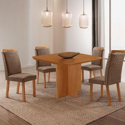 Conjunto de Jantar Olimpia 4 Lugares Tampo MDF Cadeiras Aline Veludo Creme 90CM Moderna