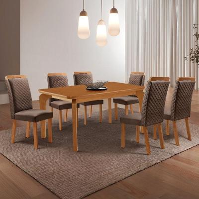 Conjunto de Jantar Liz 6 Lugares Tampo MDF Cadeiras Lorena Veludo Marrom 180CM Moderna