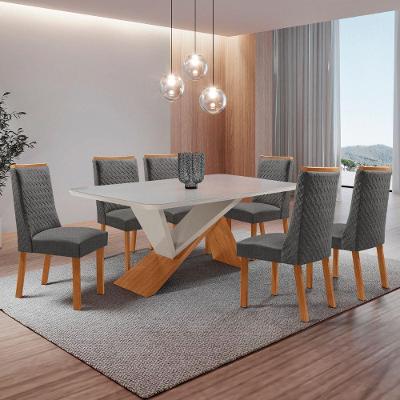 Conjunto de Jantar Yasmin 6 Lugares Tampo MDF Cadeiras Linho Grafite 180CM Moderna