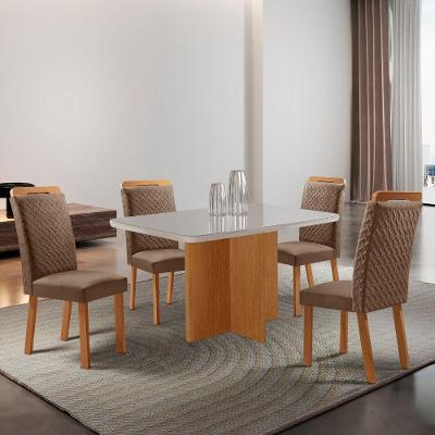 Conjunto de Jantar Olímpia 4 Lugares Tampo em Vidro com Cadeiras Aline Estofadas Creme 120CM Moderna