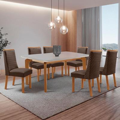 Conjunto de Jantar Liz 6 Lugares Tampo MDF com Vidro Serigrafado e Cadeiras Veludo Marrom 180CM