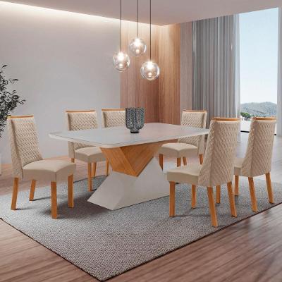 Conjunto de Jantar Aster 6 Lugares Tampo MDF com Vidro Serigrafado Veludo Creme 180CM Moderna