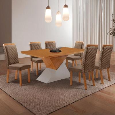 Conjunto de Jantar Aster 6 Lugares Tampo MDF Cadeiras Lorena Veludo Creme 180CM Moderna