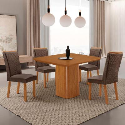Conjunto de Jantar Eloise 4 Lugares Tampo MDF Cadeiras Lisa em Veludo Marrom 90CM Moderna