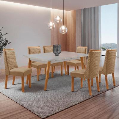 Conjunto de Jantar Copper 6 Lugares Tampo MDF com Vidro Serigrafado e Cadeiras Carolina Off White