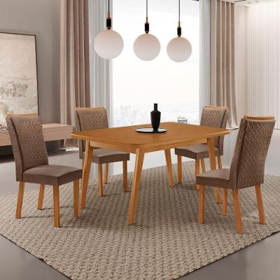 Conjunto de Jantar Copper e Lisa 4 Lugares Tampo MDF Cadeiras Veludo Café 120CM Moderna