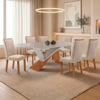Mesa de Jantar Yasmin Lira 6 Lugares Tampo em MDF com Vidro Creme 180cm Moderna