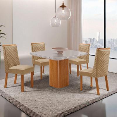 Mesa de Jantar Eloise 4 Lugares Quadrada MDF com Vidro 90CM Off White Moderna 90CM