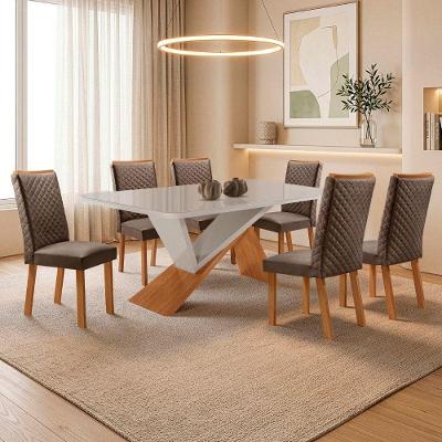 Mesa de Jantar Yasmin Lira 6 Lugares Tampo em MDF com Vidro Serigrafado Marrom Nat Off Moderna