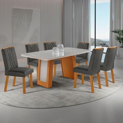 Conjunto de Jantar Carolina 6 Lugares Tampo MDF Vidro Canto Copo Grafite Off Nat Serig Off White
