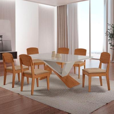 Mesa de Jantar Yasmin 6 Lugares Tampo Vidro Canto Copo Off White 180CM Moderna
