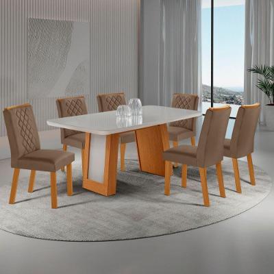 Conjunto de Jantar Carolina 6 Lugares Tampo MDF com Vidro Cadeiras Milena Off White 180CM Moderna
