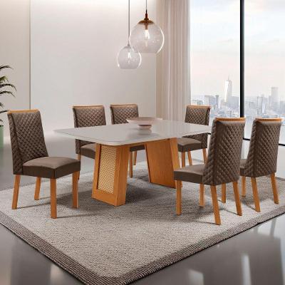 Conjunto de Jantar Carolina 6 Lugares Tampo MDF Cadeiras Veludo Marrom 180CM Moderna