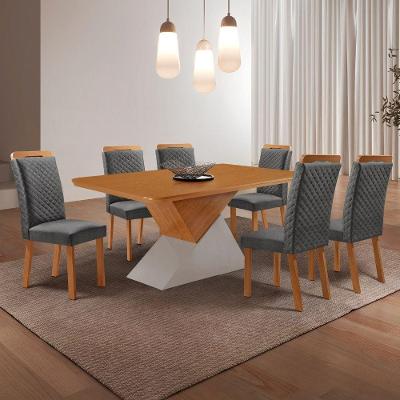 Conjunto de Jantar Aster 6 Lugares Tampo MDF Cadeiras Lorena Linho Grafite 180CM Moderna